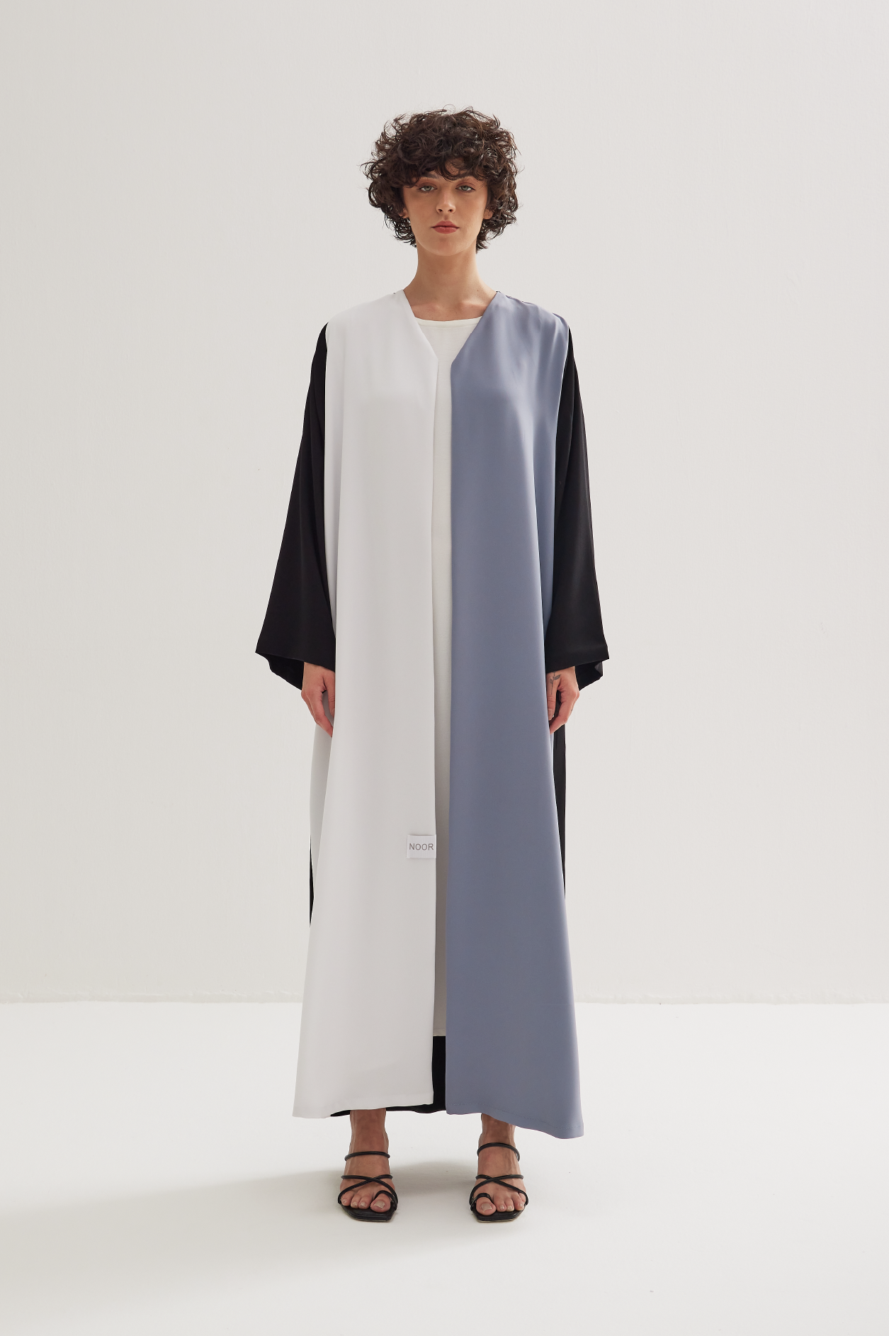 Three-Tone Abaya in Bluish Grey, White, and Black