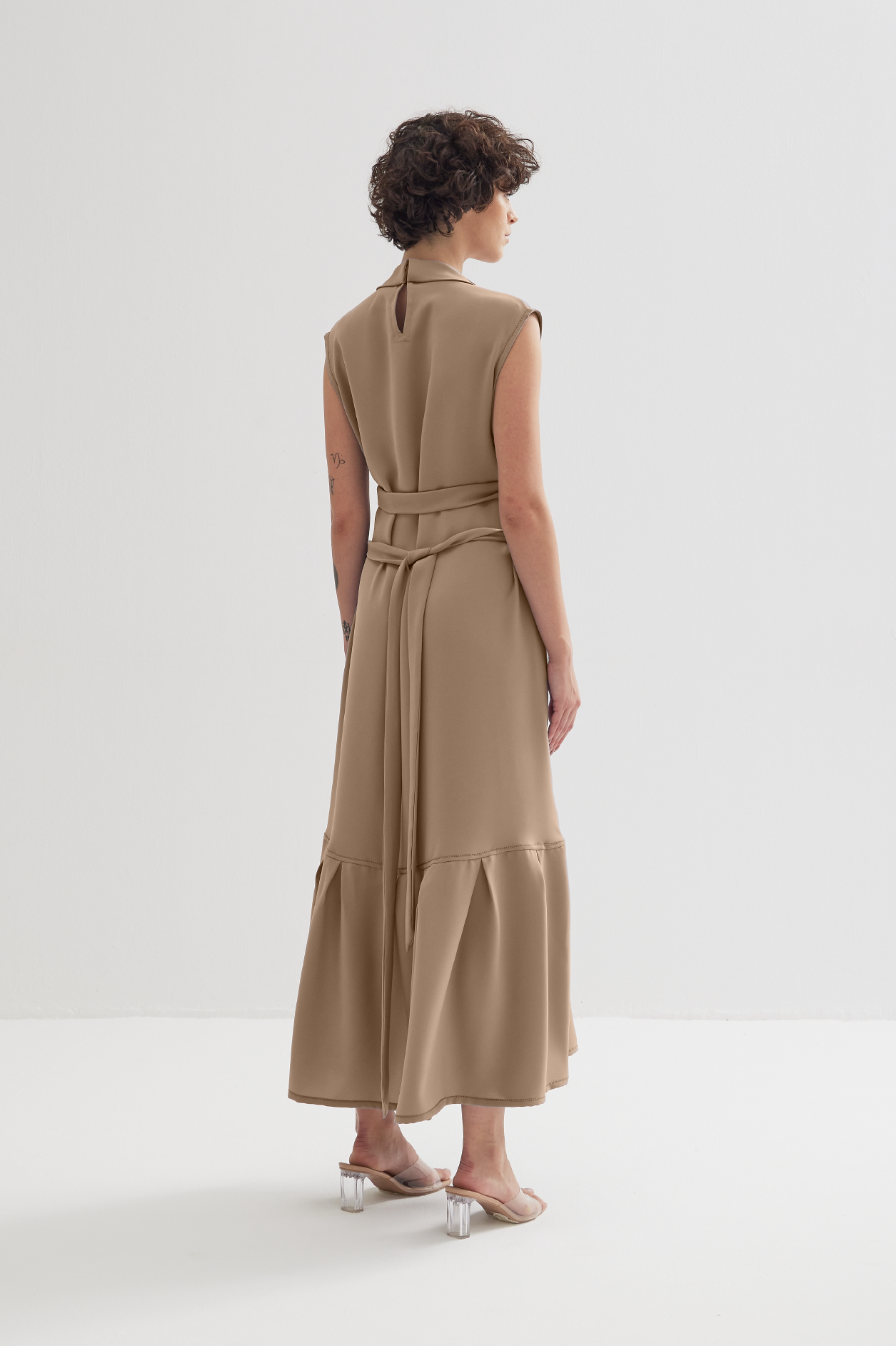 High Neck Sleeveless Dress in Camel Beige