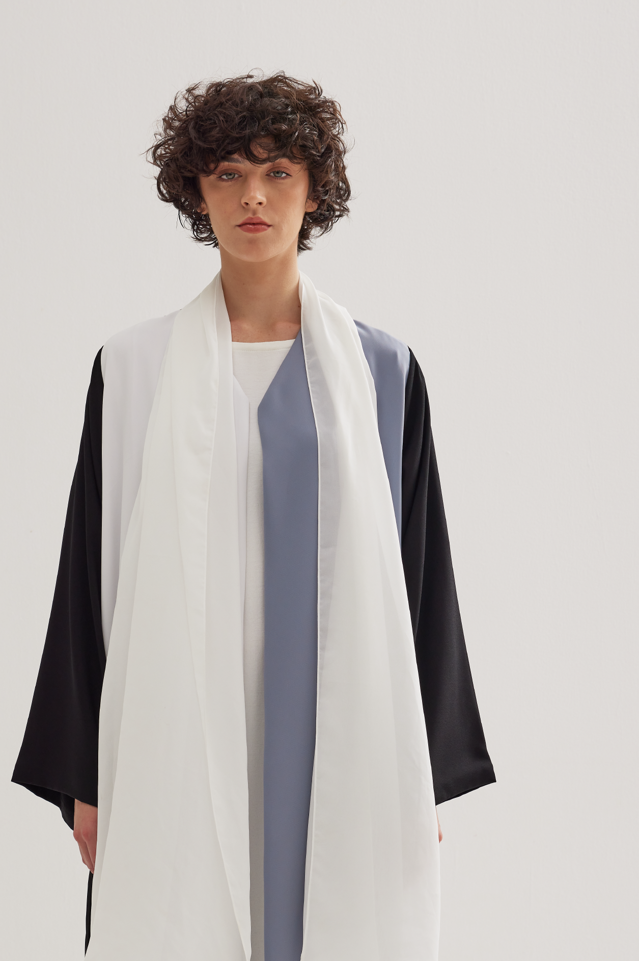 Three-Tone Abaya in Bluish Grey, White, and Black